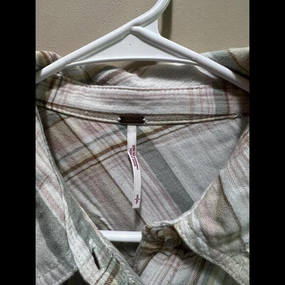 Free People Nordic Day Plaid Gauze Oversized Button Front Shirt Ivory Small READ - Picture 3 of 4